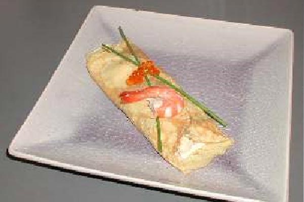 Cazuelita de Crep relleno de Queso y Gambas